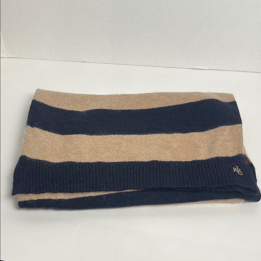 Lauren Ralph Lauren Tan and Navy Wool Rabbit Hair Blend Scarf